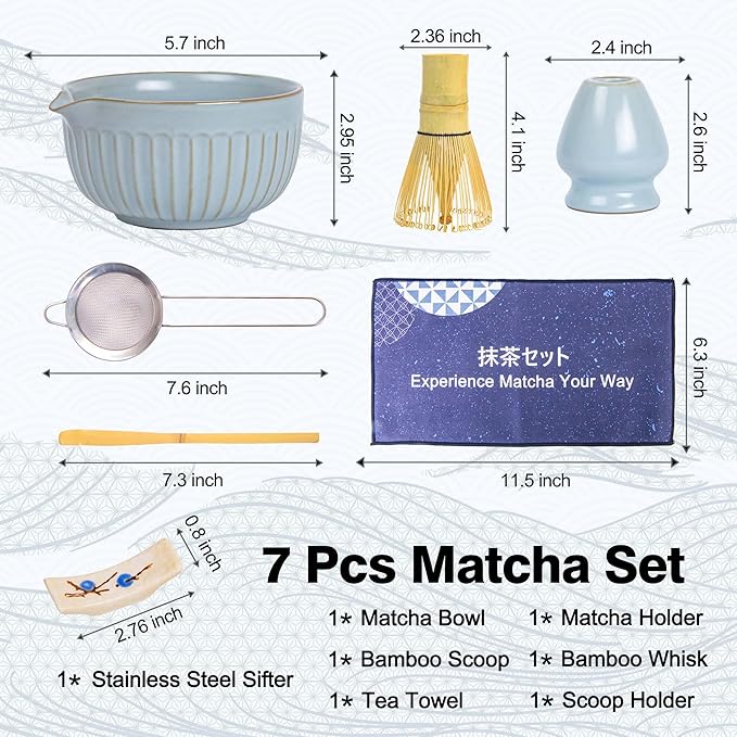 Matcha Whisk Set, Japanese Tea Ceremony Kit, 18oz Spout Bowl, Bamboo Whisk Scoop, Ceramic Holder Sifter Towel,7 pcs Matcha Tea Kit for Matcha Lovers, Christmas, Birthday Gift(Sky Blue)