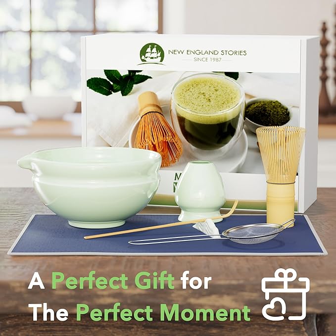 7 Pcs Matcha Whisk Set, Perfect Matcha Kit for Matcha Lovers Includes Ceramic Bowl, Bamboo Whisk, Holder, Scoop, Sifter & Cloth