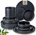 TheTerra Ceramic Dinnerware Sets for 6, 18 Pieces Handmade Reactive Glaze Plates and Bowls Set, Scratch Resistant Dish Set, Oven & Microwave & Dishwasher Safe, Matte Black