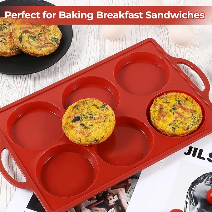 CAKETIME Silicone Muffin Top Pan with Metal Frame, 4 Inch Non Stick Round Egg Baking Pan for Oven English Muffins, Whoopie Pies, Corn Bread, Egg Bites, Breakfast Sandwiches Tarts 2 Pack Brown