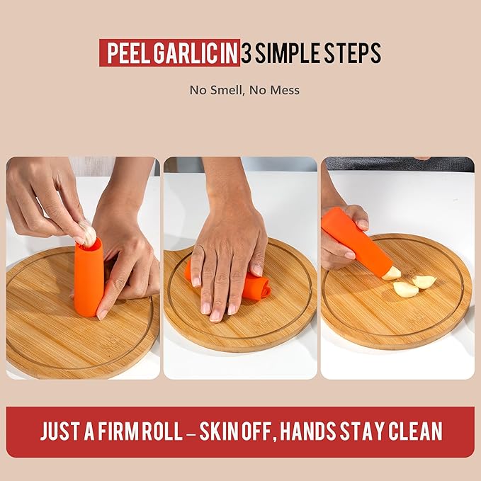 Li&Zhao Stainless Steel Garlic Press Rocker - Garlic Crusher Stainless Steel Garlic Mincer Tool Garlic Rocker with Garlic Peeler Garlic Smasher for Kitchen Cooking(Orange)