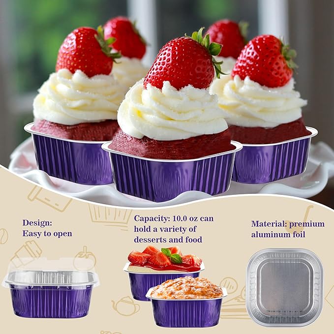30PCS 10OZ Mini Cake Pans with Lids - Aluminum Foil Baking Cups - Mini Square & Cheesecake Pans for Birthday & Holiday Baking, Violet