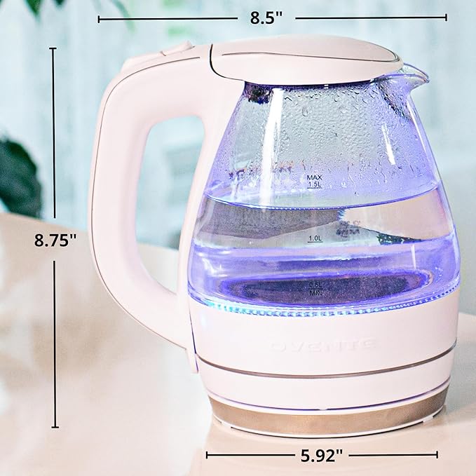 OVENTE Electric Kettle, 1.5L Borosilicate Glass Countertop Water Heater and Boiler for Coffee or Tea, BPA-Free, Auto Shut-Off, Boil-Dry Protection, Removable and Washable Spout Filter, White KG83W
