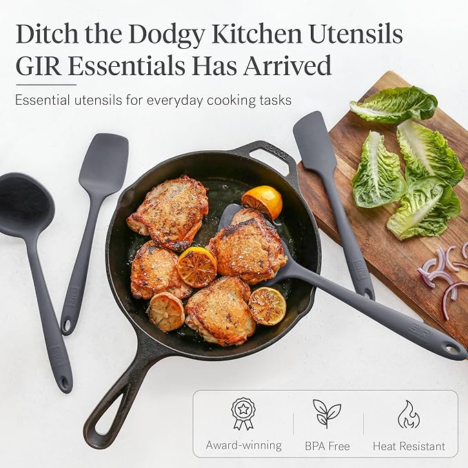 GIR: Get It Right 5 Piece Silicone Essentials Kitchen Utensils Set - Ladle, Spatula, Flip, Spoon & Spoonula - Non-Toxic Cooking Utensils for Nonstick Cookware, Cooking and Baking - Charcoal