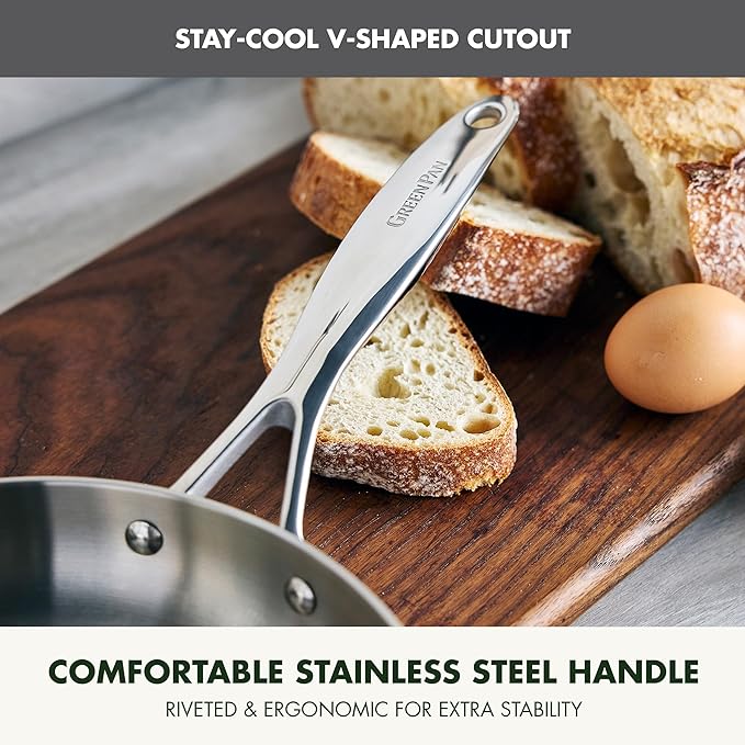 GreenPan Valencia Tri-Ply Stainless Steel 10" Frying Pan, Induction Ready Skillet, Mirror Finish, Dishwasher Safe & Oven/Broiler Safe to 600F, Compatible with All Cooktops, Silver