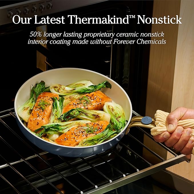 Our Place 8-Piece Essentials Complete Cookware Set - Ceramic Fry Pan Trio & Modular Rack Storage | Nontoxic Thermakind™ Nonstick, Oven Safe up to 450°F & Compatible with All Cooktops | Char