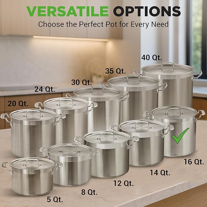 NutriChef 16-Quart Stainless Steel Stockpot - 18/8 Food Grade Heavy Duty Large Stock Pot for Stew, Simmering, Soup, Includes Lid, Dishwasher Safe, Works w/Induction, Ceramic & Halogen Cooktops