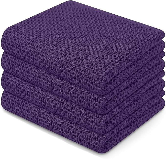 Homaxy 100% Cotton Waffle Weave Kitchen Dish Towels, Ultra Soft Absorbent Quick Drying Cleaning Towel, 13 x 28 Inches, 4-Pack, Eggplant