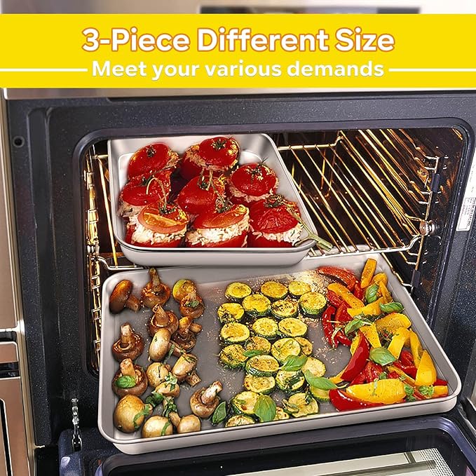 E-far Baking Cookie Sheet Pan Set of 3, 16/12.4/10.4 Inch, Stainless Steel Baking Pans Set for Oven, Rectangle Baking Tray for Cooking Roasting, Non Toxic & Easy Clean, Dishwasher Safe
