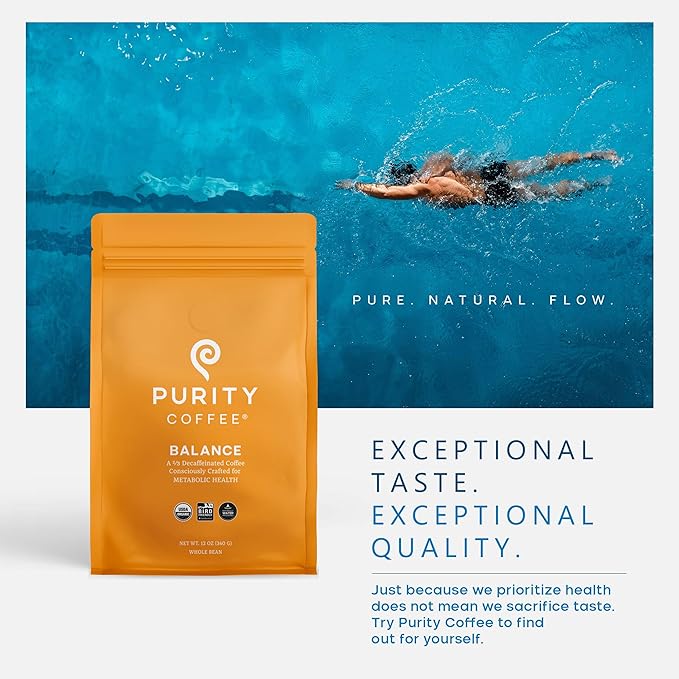 Purity Coffee BALANCE 2/3 Decaf Medium Roast Whole Bean Coffee (12oz Bag) - Specialty-Grade Mountain Water Processed Decaf + Regular Arabica Blend- USDA Certified Organic Decaffeinated - Third Party Tested for Mold, Mycotoxins, Pesticide Residue