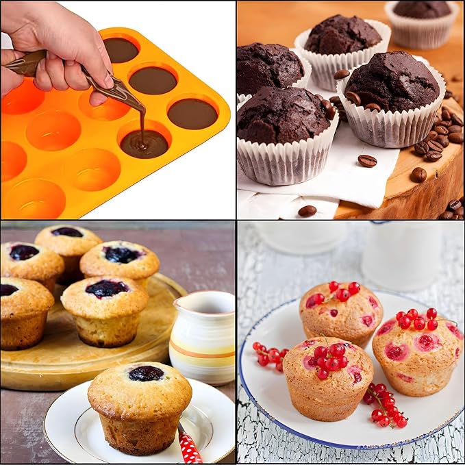 12 Cups Silicone Muffin Pan, Nonstick Cupcake Pan, Heat Resistant Silicone Muffin Tin, Reusable Cupcake Moulds Baking Pan for Cakes, Bread (Orange-2 Packs)