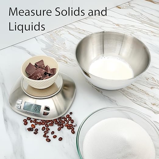 Stainless Steel Digital Kitchen Scale w. Bowl - for Food Coffee Lab - LCD Display gram Ounces lb:oz lb ml - 12 LBS/5.5 KG Capacity - Battery Included - Silver by The Display Guys