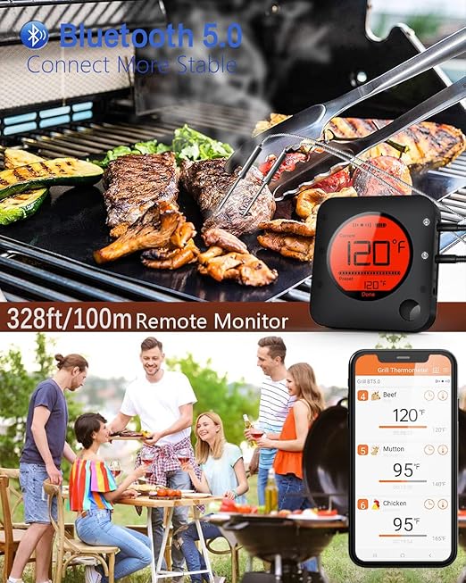 BFOUR Meat Thermometer Wireless Bluetooth, LCD Digital Meat Thermometer with Dual Probe, Wireless Remote BBQ Thermometer for Smoker Kitchen Cooking Grill Thermometer for Grilling BBQ Oven