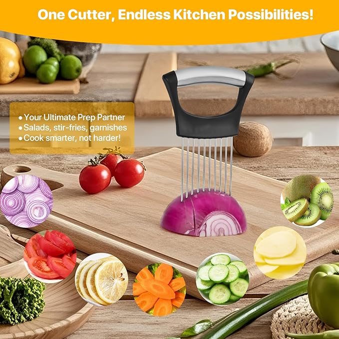 【2 PCS】Onion Holder for Slicing - Stainless Steel Vegetable & Fruit Cutter Chopper for Onions, Tomatoes, Avocados, Potatoes, Eggs, Meat & Lemon - Kitchen Slicer Assistant with Neat Guide & Tenderizer.