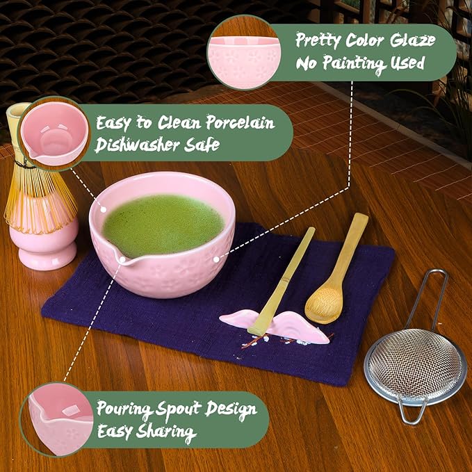 Matcha Whisk Set Pink, 8Pcs Matcha Set Kit include Matcha Bowl, Matcha Whisk and Holder, Bamboo Scoop, Scoop Rest, Sifter and Tea Towel, Matcha Whisk and Bowl Set for Matcha Lovers and Beginers