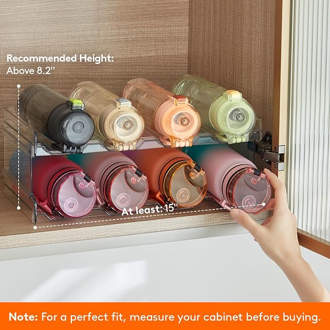 Lifewit Stackable Water Bottle Organizer for Cabinet, Plastic Bottle Holder Fits Bottles & Tumblers up to 3.8" Diameter, Pantry, Countertop & Fridge, 2 Tier Holds 8 Bottles