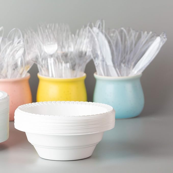 Plasticpro Round Plastic Bowls Microwaveable, Disposable, White, Dinnerware (200, 16 ounce)