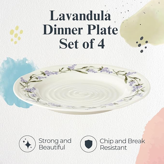 Portmeirion Sophie Conran Lavandula 11" Dinner Plate, Set of 4, Lavender Floral Pattern in Soft Purple-Green - Porcelain Plates for Garden Brunches, Spring Dinners, Weddings & Seasonal Entertaining