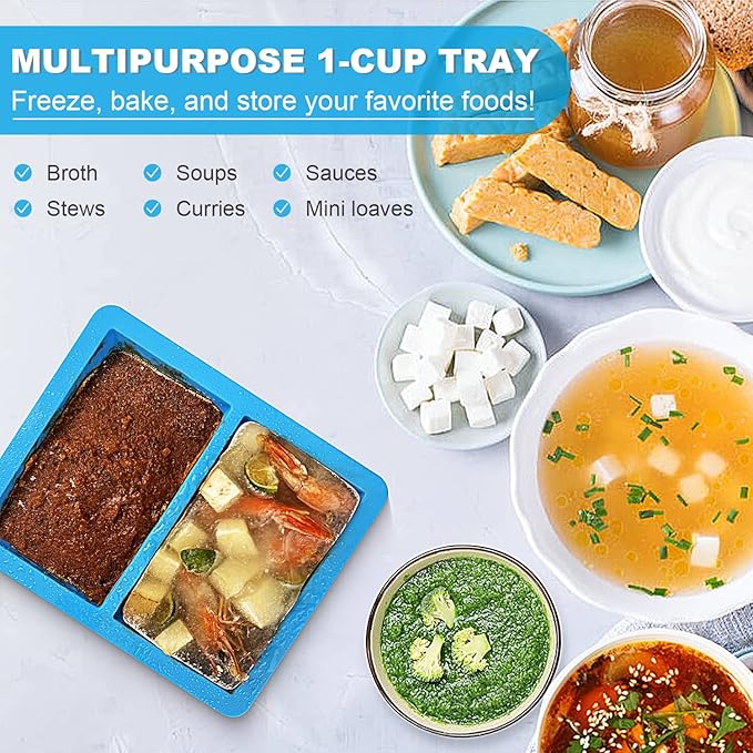Extra-Large Silicone Freezing Tray with Lid, Walfos 1-Cup Freezer Tray for Soup, Silicone Soup Freezer Container For Storing and Freezing Soup, Broth, Sauce and Ice, 2 Pack