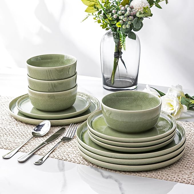 AmorArc Stoneware Dinnerware Sets,Round Reactive Glaze Ceramic Plates and Bowls Set,Highly Scratch Resistant | Dishwasher & Microwave Safe Dishes,Service for 6 (18pc)
