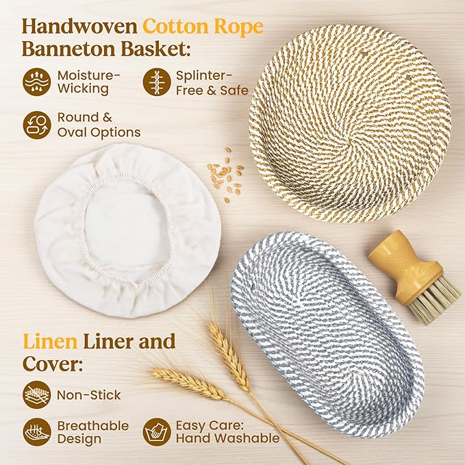 Sourdough Starter Kit with Cotton Rope Banneton Basket & Jar, Bread Baking Supplies and Tools Set, Complete Sourdough Bread Making Kit, Baking Gift for Women Moms & Beginners