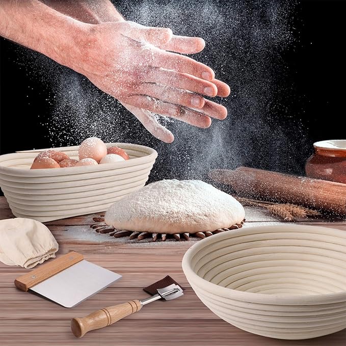 Bread Proofing Basket Set 9.6 Inch Oval and 10 Inch Round Natural Rattan Proofing Baskets with Bread Lame and Dough Scraper and Linen Liner Bread Making Tools for Professional and Home Bakers