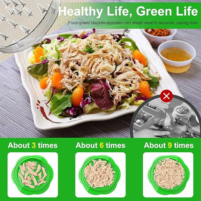 Chicken Shredder Large Chicken Breast Shredder Tool Twist with Brush&Fork, Visible Meat Shredder Machine, Strong Anti-Slip Strip, Ergonomic Handle, BPA Free, Suitable for Pork Beef Chicken(Green)