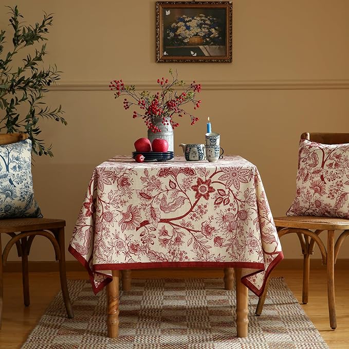 ISAENNE Designer French Linen Table Cloth for Rectangle Table,Red Floral Washable Indoor Tablecloth,Durable Home Decor Tablecloths for Dining Thanksgiving Kitchen Party Christmas,55"*79"-Ruyi A