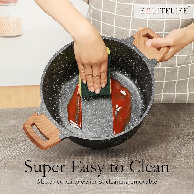 ESLITE LIFE Nonstick Stock Pot with Lid, 7 Quart Granite Casserole Large Soup Pot Pasta Cooking Pot, Induction Compatible, PTFE & PFOA Free, Black