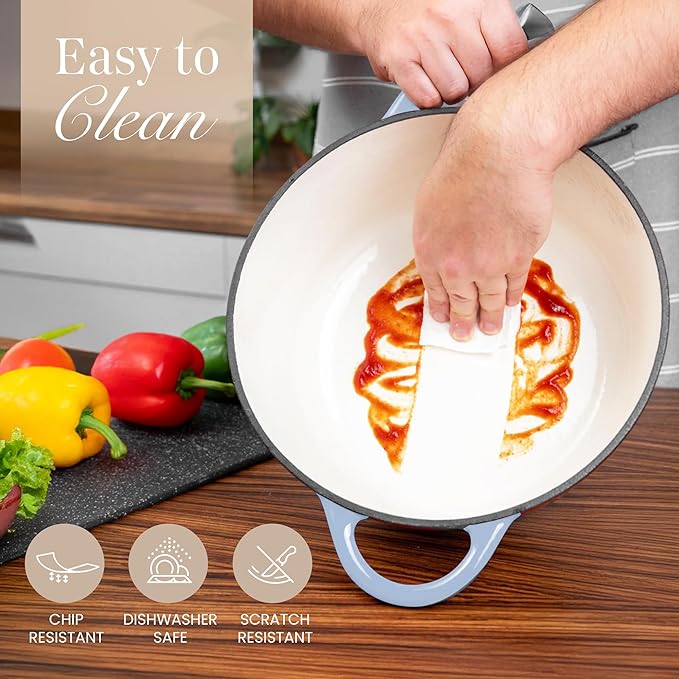 Nuovva Enamelled Cast Iron Dutch Oven Pot with Lid 6.4 Quart Non Stick Casserole Pot – Heavy Duty & Oven Safe up to 500° F for Bread Baking, Braising, Stews, Roasting – 28cm Costal Blue