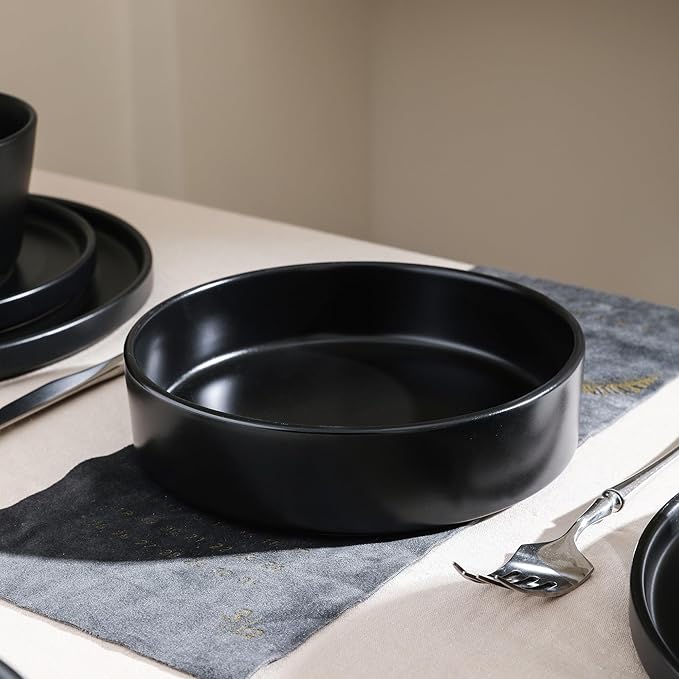 Stone Lain Celina Modern Stoneware 16-Piece Dinnerware Set, Cereal and Dinner Bowls, Dinner Plates, Plates and Bowl Set, Dishes for 4, Black