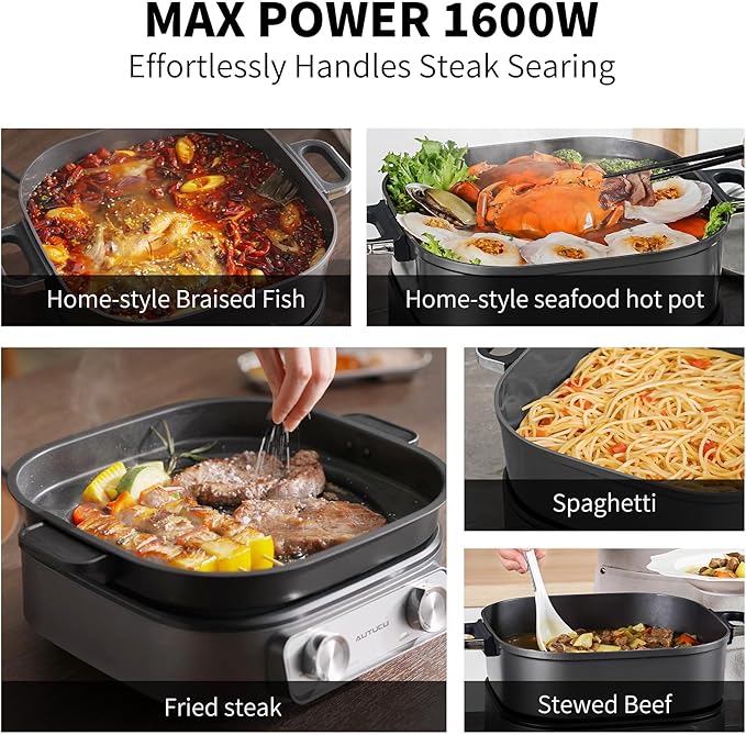 6-Quart Electric Skillet with Grill | Non-Stick PFOA-Free Ceramic-Coated Pot, 1600W, Timer & 3 Power Settings for Steak, Egg, Ramen (Includes Grill Tongs) Pot & Grill