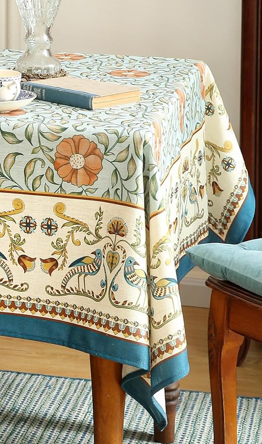 patdrea Designer French Linen Blue Tablecloth for Rectangle Table,Vintage Floral Table Cloth,Colorful Decoration Fall Cover Kitchen Dining for Thanksgiving,Tea Party,Christmas,67"x118"-Wensel