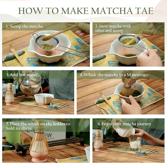 Matcha Whisk Set, Pink Matcha Bowl with Spout, 8PCS Matcha kit, Matcha Whisk and Bowl, Matcha Chasen, Bamboo Scoop, Scoop Rest, Sifter and Tea Towel, Gifts and Ceremony Set for Macha Lovers.(Pink)