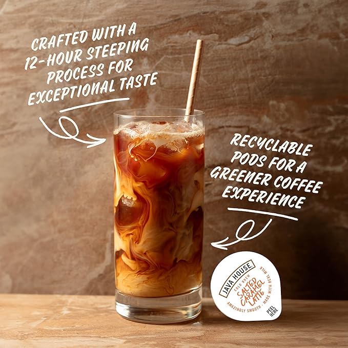 JAVA HOUSE Salted Caramel Latte Cold Brew Coffee Pods, (48 Count) Peel and Pour Pods Hot or Iced