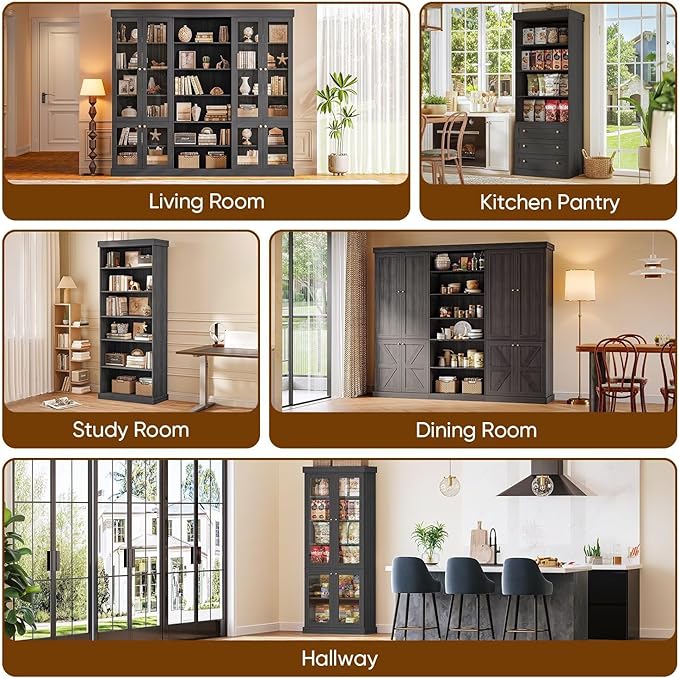 70.8" Tall Farmhouse Bookshelf, Modular Bookcase with Glass Doors, 6-Tier Adjustable Shelves, Large Storage Cabinet for Kitchen, Living Room, Black, Set of 2