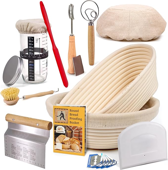Sourdough Bread Baking Supplies Starter Kit, Banneton Proofing Basket 9'' Round and 10” Oval, Sourdough Starter Jar, Scraper, Scoring Lame, Brush, Short Danish Whisk, Gift Set