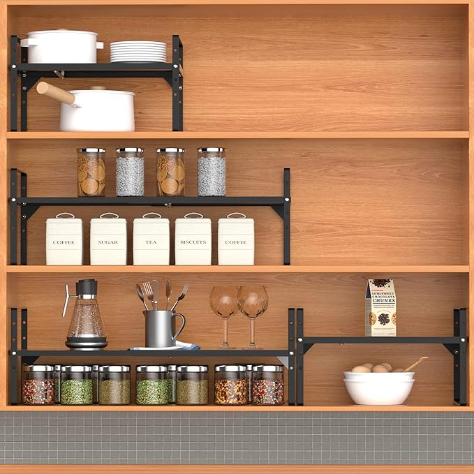 Expandable Kitchen Cabinet Shelf Organizers 3 Pack, Stackable Metal Pantry Storage Shelves Rack, Adjustable Counter Shelf for Cabinets, Countertop, Cupboard Organizers and Storage, Black