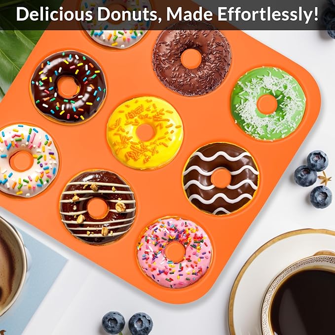 Large Silicone Donut Pan for Baking, 9 Cavity Non-Stick Food Grade Silicone Donut Molds, Doughnut Pan and Bagel Pans for Baking & Kitchen, BPA Free 11.2 x 11.1 Inches, Dishwasher Safe - Orange