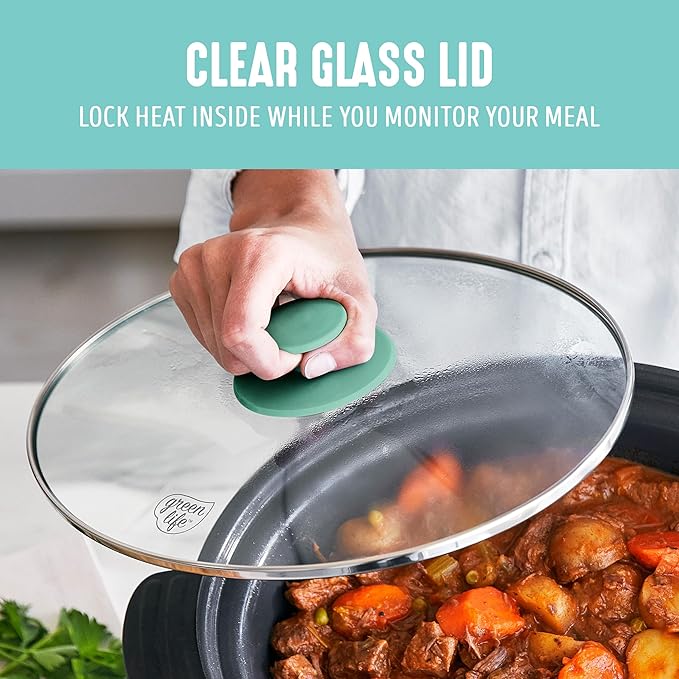 GreenLife 8QT Slow Cooker, Non-Toxic PFAS-Free Ceramic Nonstick Removable Interior Bowl, Programmable, Family Friendly, Keep Warm, Stovetop & Oven Safe, Dishwasher Safe Parts, Glass Lid, Turquoise