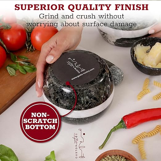 Gusto Nostro Natural Marble Mortar and Pestle Set | 5 Inch - 2.5 Cup Large Mortar Pestle Set for Grinding Herbs, Nuts, Grains | Pesto Grinding and Guacamole Stone Bowl | Marble Spice Crusher