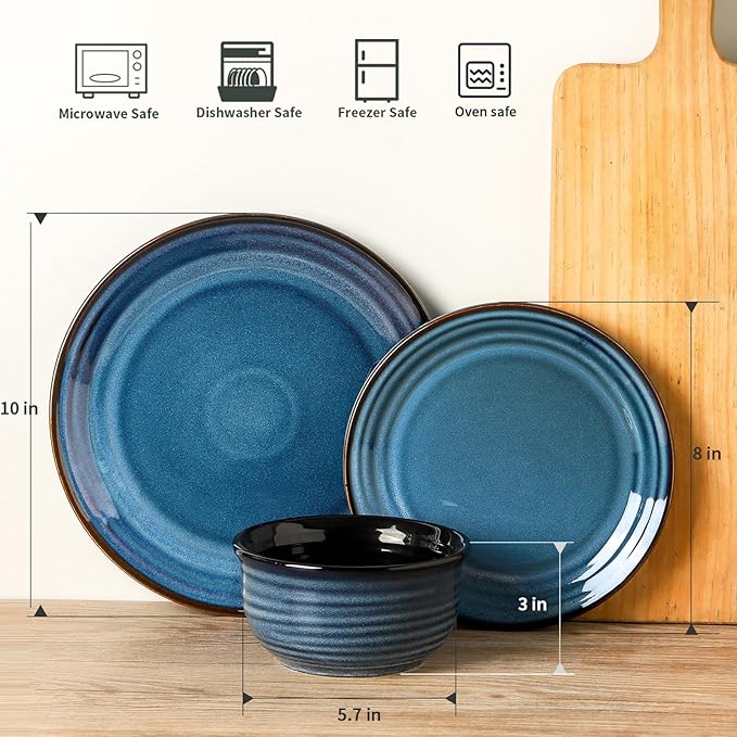 Hasense Plates and Bowls Set, 12 Pieces Ceramic Reactive Glaze Dinnerware Set of 4, Chip and Scratch Resistant Dinner Dishes Service, Handmade Serving Dish, Blue