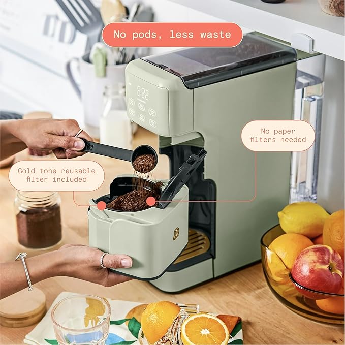 Beautiful Perfect Grind Programmable Single Serve Coffee Maker with Touch Display and Integrated Burr Grinder, Auto Coffee Strength Selection, 64oz Water Reservoir (Sage Green)