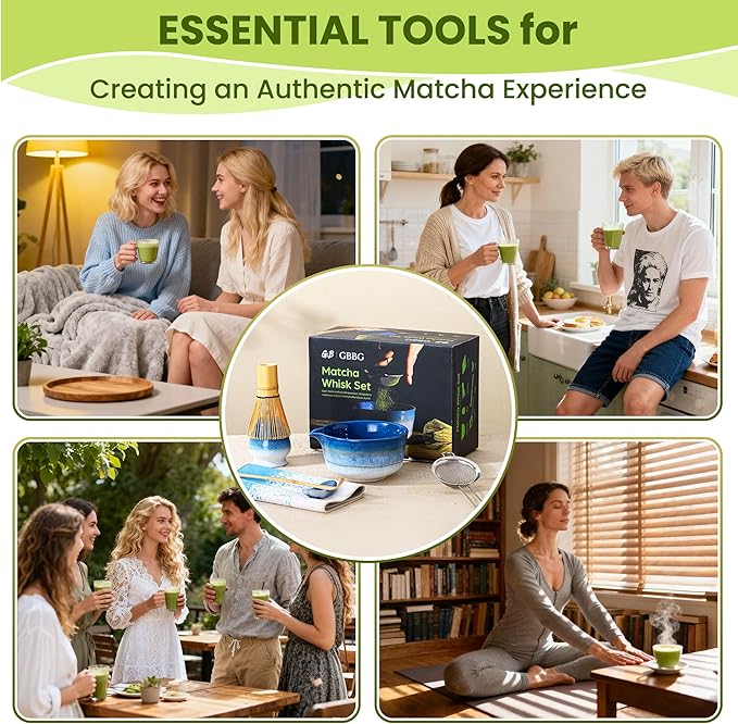 Matcha Whisk Set, Ceramic Matcha Set, Matcha Bowl, Matcha Whisk and Holder, Bamboo Scoop, Scoop Rest, Sifter and Tea Towel - 7 Pcs Matcha Kit for Lovers Family Birthday Gift (Blue)