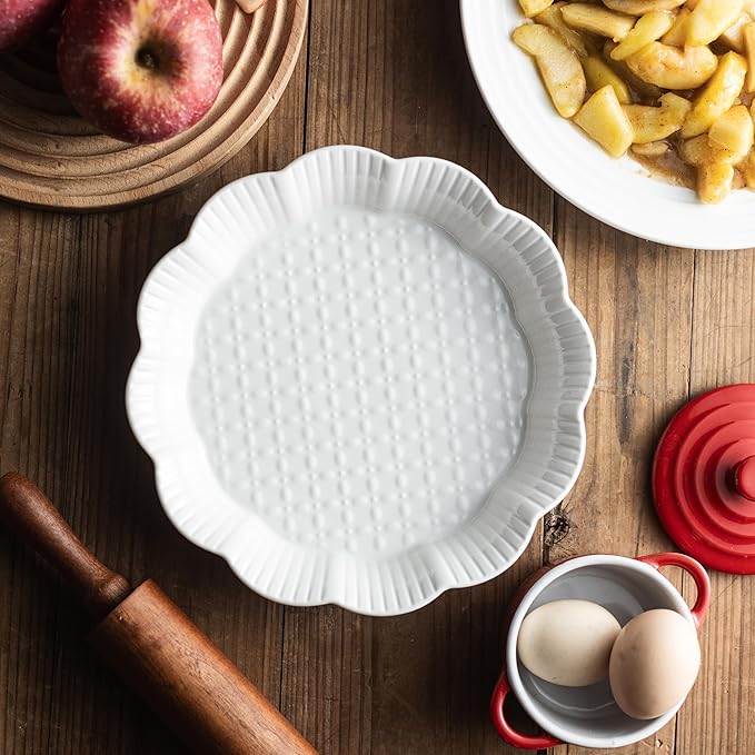 Pie Pan for Baking 9 Inch, Ceramic Pie Dish, Non-Stick Round Baking Dish, Porcelain Plates with Ruffled Edge| Microwave, Dishwasher, and Oven Safe (2PCS)