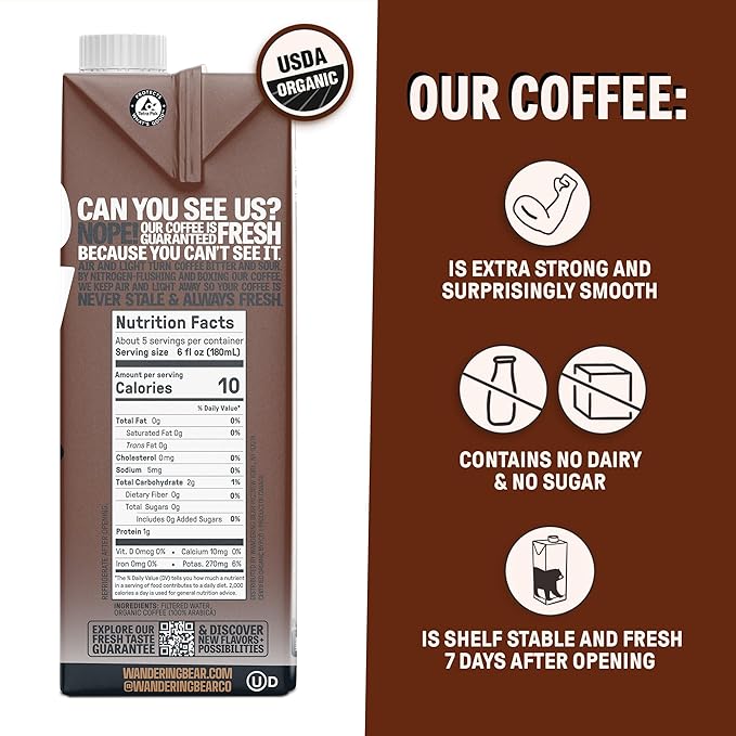 Wandering Bear Espresso Roast Organic Cold Brew Coffee - Extra Strong Bold, Smooth, No Sugar Added, Shelf-Stable, Ready to Drink, 100% Organic Iced Cold Brewed Coffee Drink - 32 fl oz, 3 pack