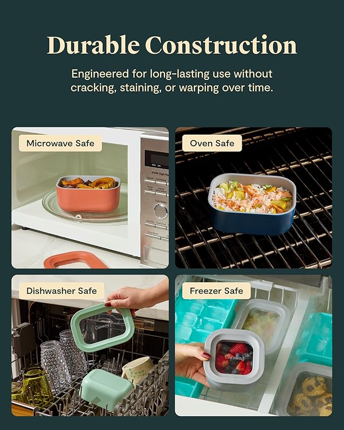 Caraway 2pc Glass Food Storage Set - 1.75 Cup Food Containers (2) - Non-Toxic Ceramic-Coated Glass - Air Release Technology - Compact & Stackable Design - Navy