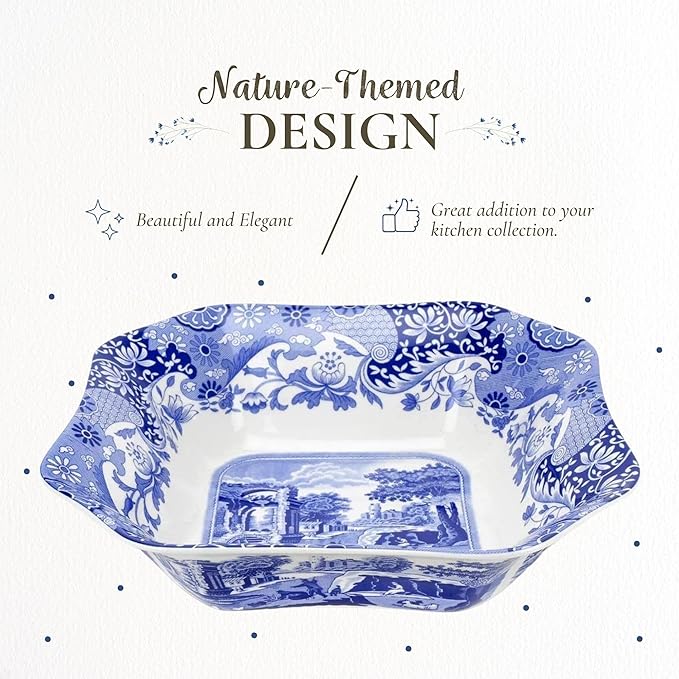 Spode Blue Italian 9.5-Inch Serving Bowl - Elegant Porcelain Tableware for Vegetables, Main Dishes, Entrees, Sides, Salads - Mix & Match Blue Patterned Rim with Dinnerware Sets, Great for Hosting