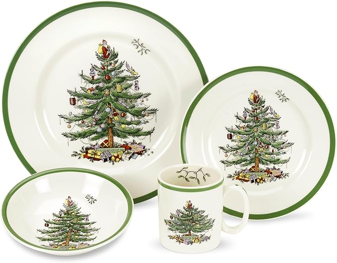Spode Christmas Tree 4-Piece Dinnerware Setting - Fine Earthenware Holiday Tableware - Dishwasher & Microwave Safe, Festive Christmas Plates, Bowls, Mug - Holiday Dining Essentials
