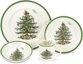 Spode Christmas Tree 4-Piece Dinnerware Setting - Fine Earthenware Holiday Tableware - Dishwasher & Microwave Safe, Festive Christmas Plates, Bowls, Mug - Holiday Dining Essentials
